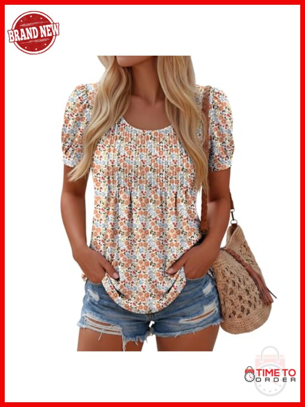 Puff Short Sleeve Boho Tunic Tops Pleated Crew Neck Blouses Dressy Casual Loose
